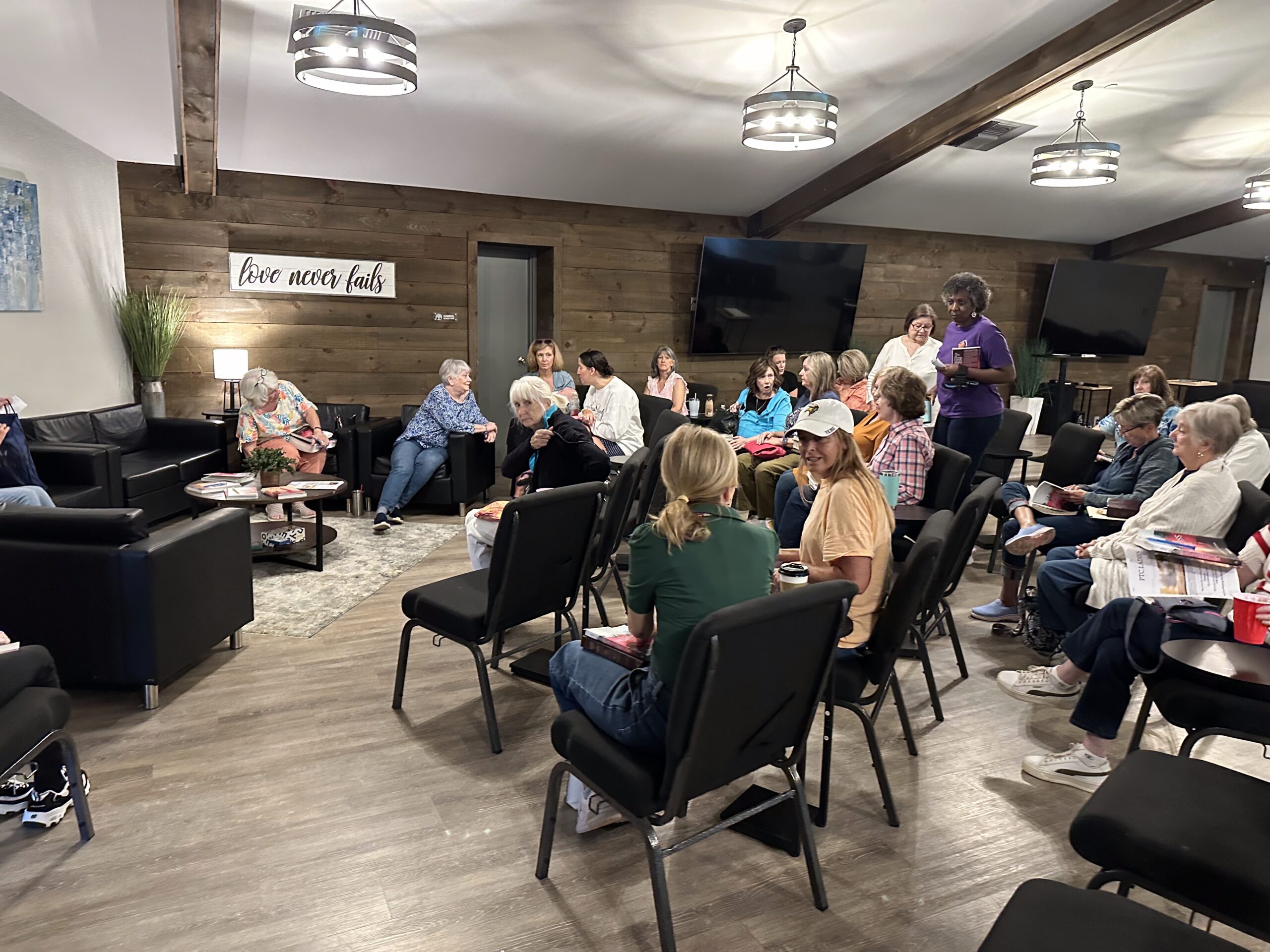 ladies at bible study in the commons at peachtree city church of christ